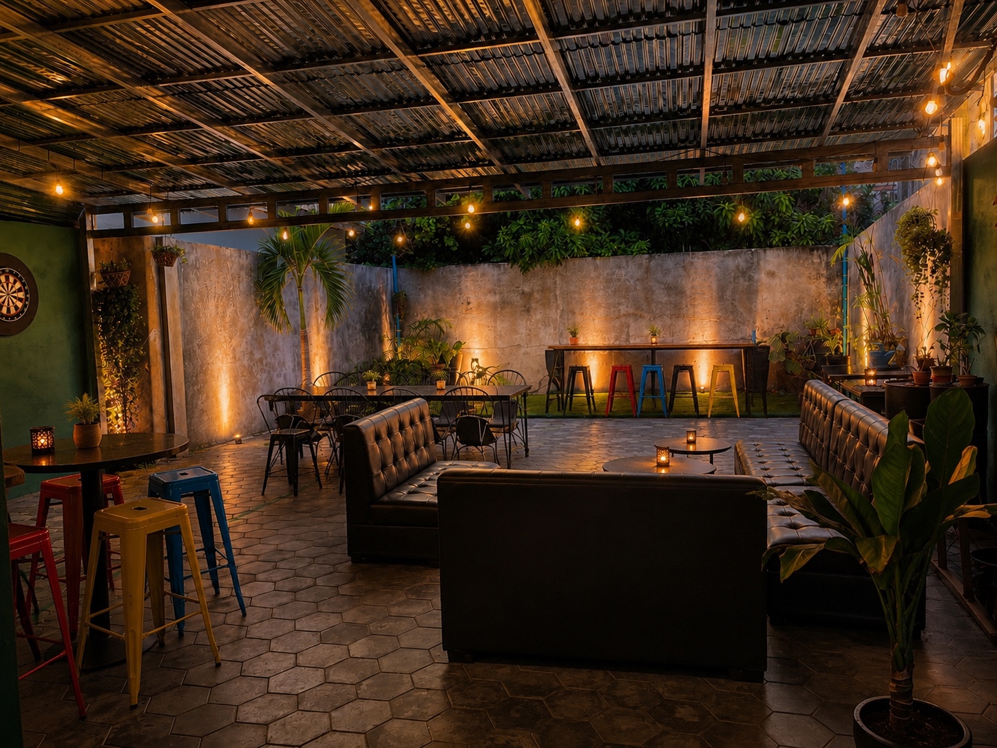 The Courtyard beer garden at Ubuntu under warm lights