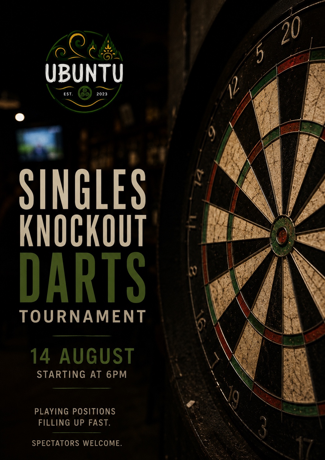Ubuntu singles knockout darts tournament poster