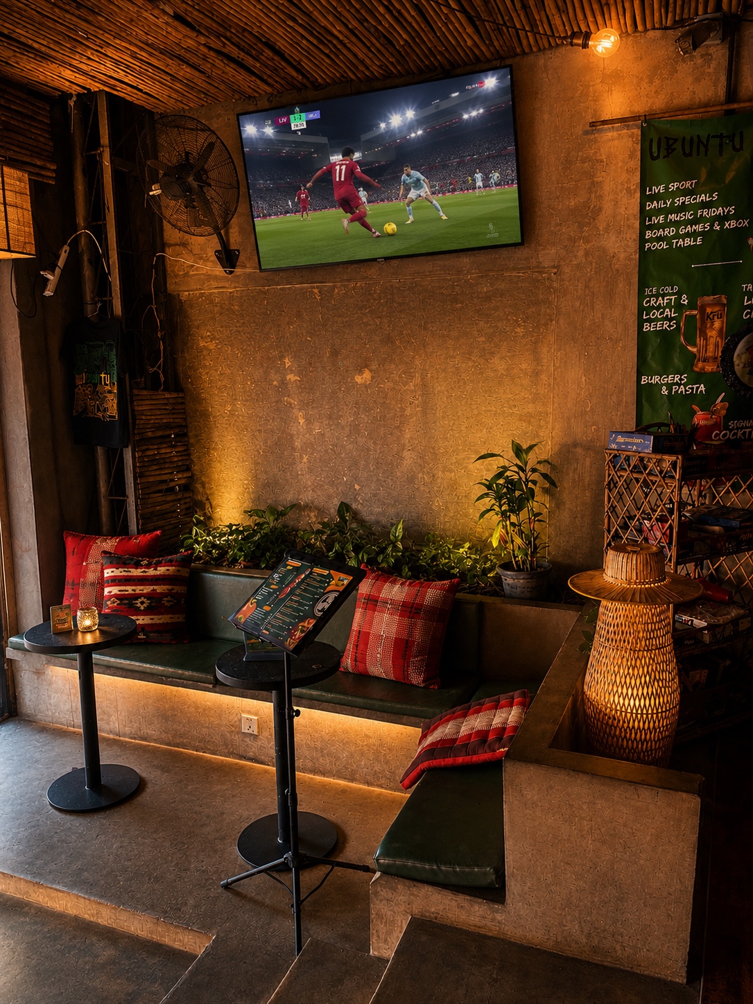 Entrance lounge seating with a screen at Ubuntu